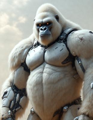 The primary subject of the image is a large, white, and metal-looking gorilla with a humanoid appearance. The gorilla is wearing a suit and has a mechanical look to it. The setting is a cloudy sky, which serves as the backdrop for the gorilla. The visual style of the image is a combination of photo and digital art, creating a unique and intriguing scene. The colors and mood of the image are predominantly dark and mysterious, with the gorilla'